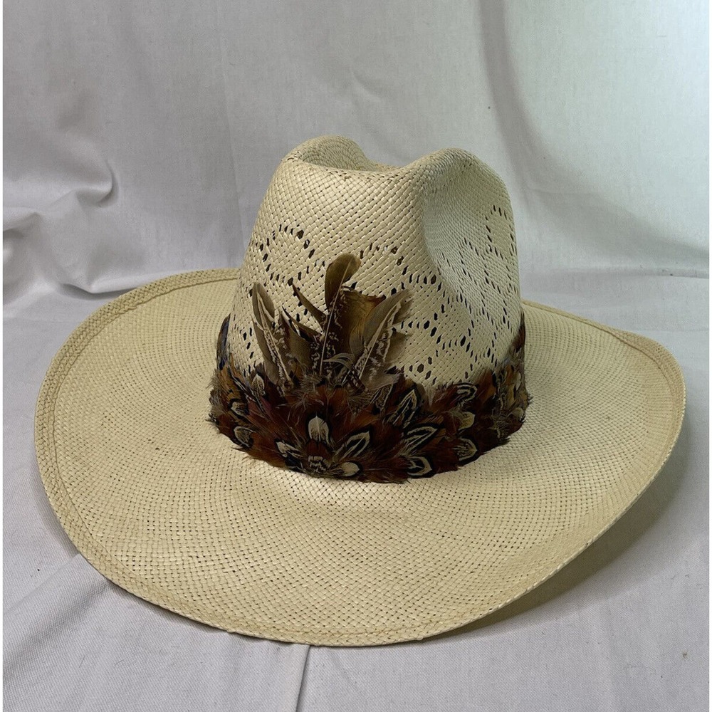 WESTERN HAT Mens Old Formosan Beige Straw Cowboy 6 3/4 Feathers Frayser Memphis